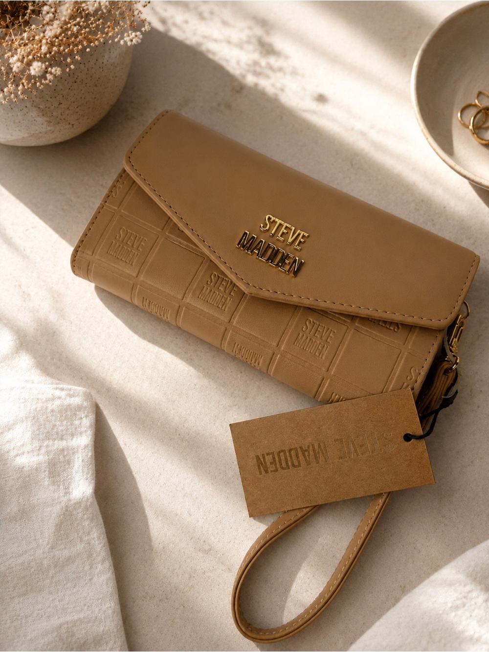 Steve Madden Camel Tan Wristlet Clutch with Embossed Logo